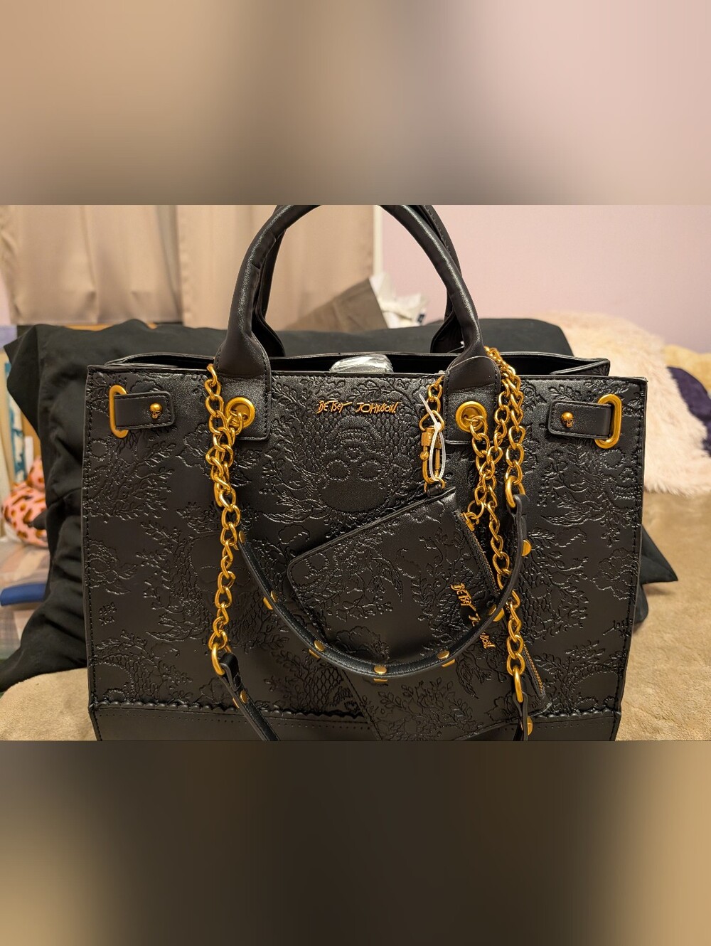 Betsey Johnson Black Skull Embossed Tote with Gold Chain Accentss